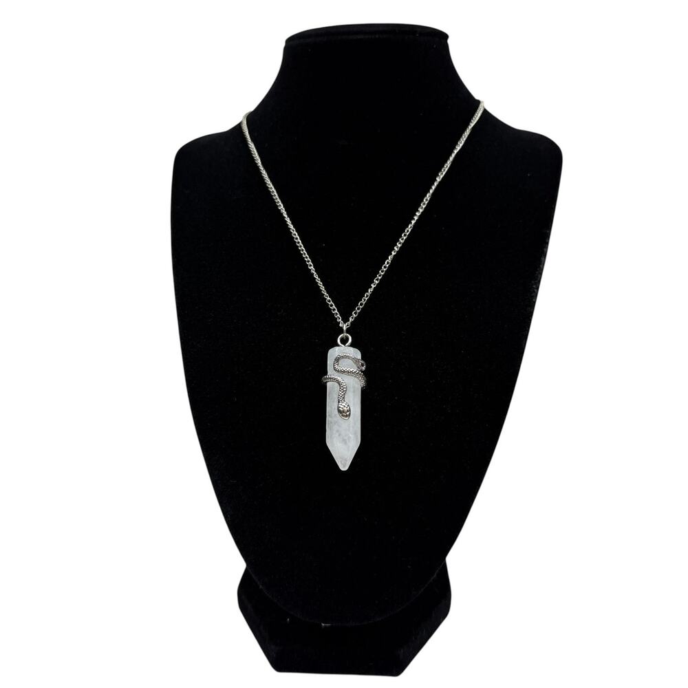 Silver Tone Snake Wrapped White Quartz Crystal Point Pendant Necklace 16 in